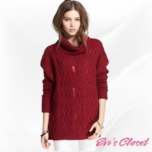 Free People Complex Cable Knit Red Wine Mixed Blend Chunky Cable Knit Oversized